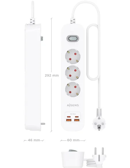 Aisens ASPS-2A2C10-W regleta de tomas 3 Schuko USB-C PD 20W