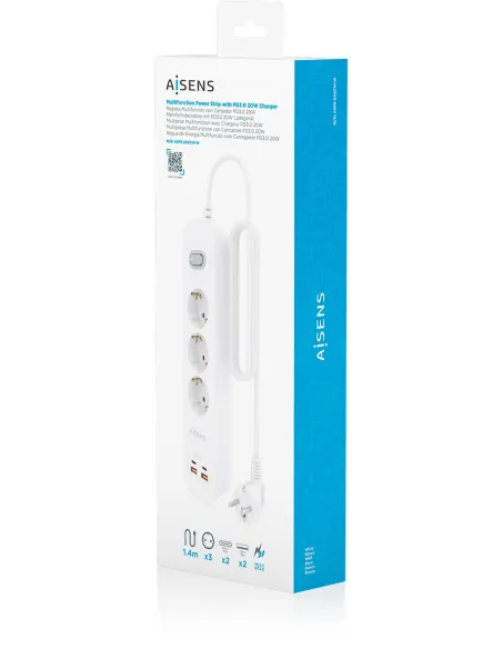 Aisens ASPS-2A2C10-W regleta de tomas 3 Schuko USB-C PD 20W