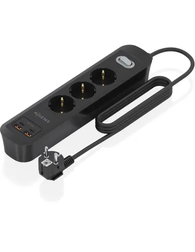 Aisens ASPS-2A2C11-BK Regleta de 3 Tomas 2 USB-A 2 USB-C con Protección e Interruptor
