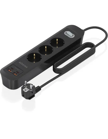 Aisens ASPS-2A2C11-BK Regleta de 3 Tomas 2 USB-A 2 USB-C con Protección e Interruptor