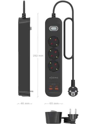 AISENS ASPS-2A2C11-BK regleta de 3 tomas Schuko USB-C PD 20W