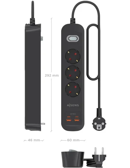 AISENS ASPS-2A2C11-BK regleta de 3 tomas Schuko USB-C PD 20W