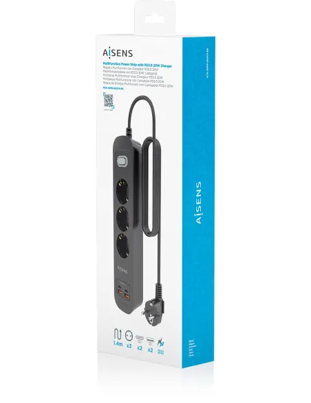 AISENS ASPS-2A2C11-BK regleta de 3 tomas Schuko USB-C PD 20W
