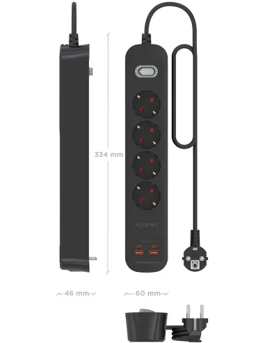 AISENS ASPS-2A2C13-BK regleta de 4 tomas Schuko USB-C PD 20W