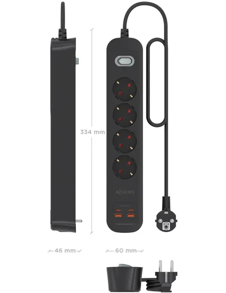AISENS ASPS-2A2C13-BK regleta de 4 tomas Schuko USB-C PD 20W