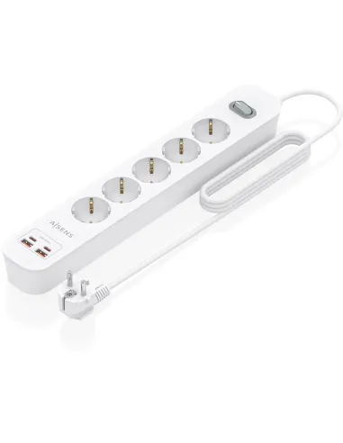 Aisens ASPS-2A2C14-W Regleta de 5 Tomas 2 USB-A 2 USB-C con Protección e Interruptor