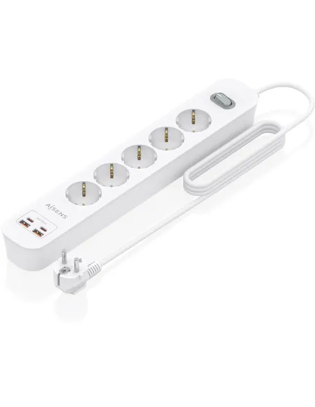 Aisens ASPS-2A2C14-W Regleta de 5 Tomas 2 USB-A 2 USB-C con Protección e Interruptor