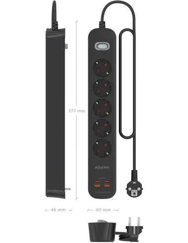 AISENS ASPS-2A2C15-BK regleta negra 5 Schuko USB-C