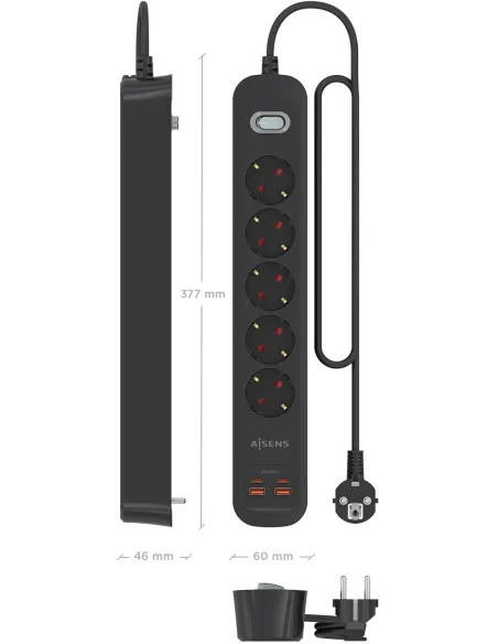 AISENS ASPS-2A2C15-BK regleta negra 5 Schuko USB-C