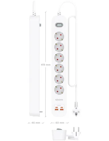 AISENS ASPS-2A2C16-W regleta blanca 6 Schuko USB-C