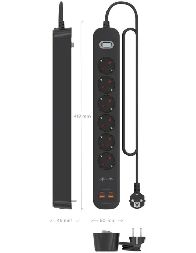 AISENS ASPS-2A2C17-BK regleta negra 6 Schuko USB-C 20W