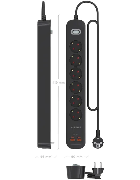 AISENS ASPS-2A2C17-BK regleta negra 6 Schuko USB-C 20W