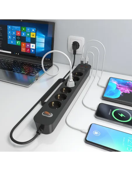 AISENS ASPS-2A2C17-BK regleta negra 6 Schuko USB-C 20W