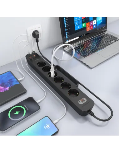 AISENS ASPS-2A2C17-BK regleta negra 6 Schuko USB-C 20W