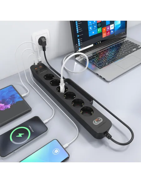 AISENS ASPS-2A2C17-BK regleta negra 6 Schuko USB-C 20W