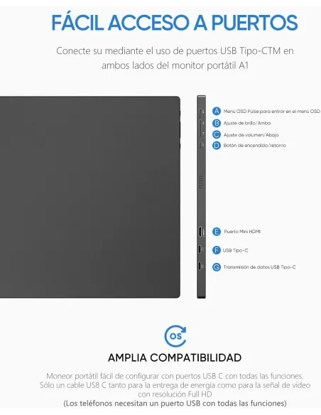 Arzopa A1 monitor portátil Ligero 15,6" FHD IPS USB-C gris