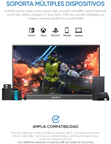 Arzopa A1 monitor portátil Ligero 15,6" FHD IPS USB-C gris