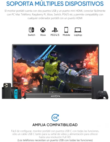 Arzopa A1 monitor portátil Ligero 15,6" FHD IPS USB-C gris