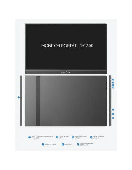 Arzopa Z1RC monitor portátil 16" 2.5K 16:10 IPS negro