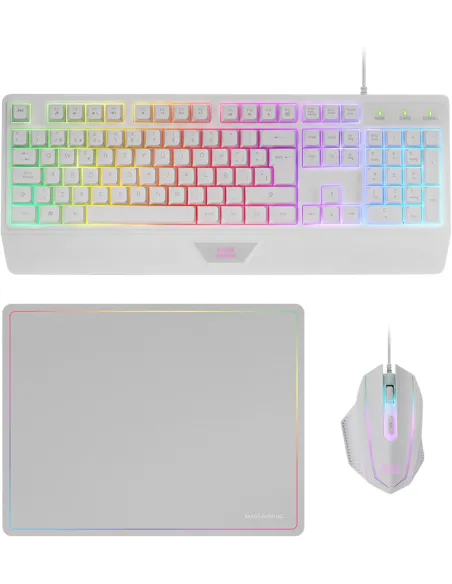 Mars Gaming MCP124 Combo 3 en 1 RGB Blanco Teclado Ergonómico H-Mech LED RGB Ratón RGB 3200DPI Alfombrilla Nano textil