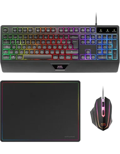 Mars Gaming MCP124ES Combo 3 en 1 RGB Negro Teclado Ergonómico H-Mech LED RGB Ratón RGB 3200DPI Alfombrilla Nano textil