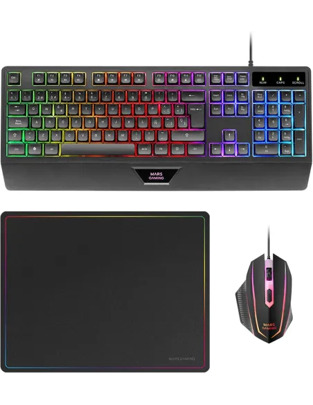 Mars Gaming MCP124ES Combo 3 en 1 RGB Negro Teclado Ergonómico H-Mech LED RGB Ratón RGB 3200DPI Alfombrilla Nano textil
