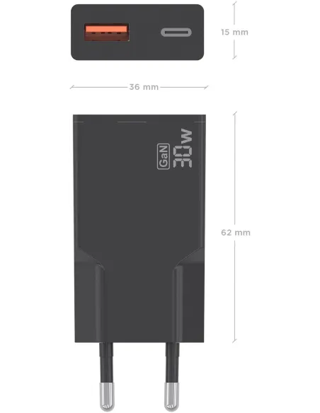 AISENS A110-1005 cargador GaN 30W USB-C + USB-A móvil