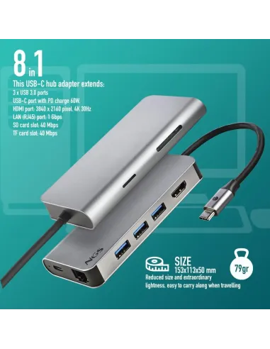 NGS Wonder Dock 8 Concentrador 8 puertos USB-C a USB-A/USB-C/HDMI/microSD/SD/RJ-45 Plata