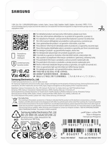 Tarjeta MicroSD Samsung T7 256 GB UHS-I U3 V30 A2 170 MB/s