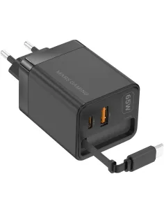 Mars Gaming MD-GAN65R Cargador USB-C GaN 65W Cable Retráctil Negro-AAOACR0328