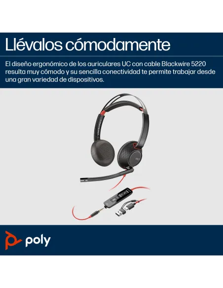 Auriculares oficina HP Poly Blackwire 5220 USB-C y jack