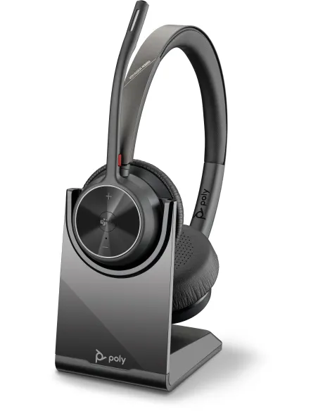 HP Poly Voyager 4320-M Auriculares con certificación para Microsoft Teams, llave BT700 y soporte de carga.