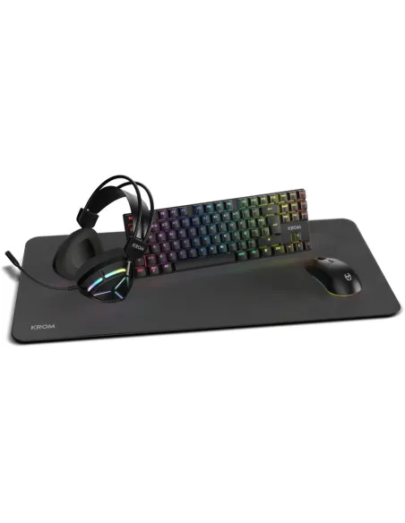 Krom Klass NXKROMKLASSBK Pack Gaming 4 en 1 , Teclado RGB TKL Mecánico , Ratón 7200 DPI , Alfombrilla XXL y Auriculares Negros
