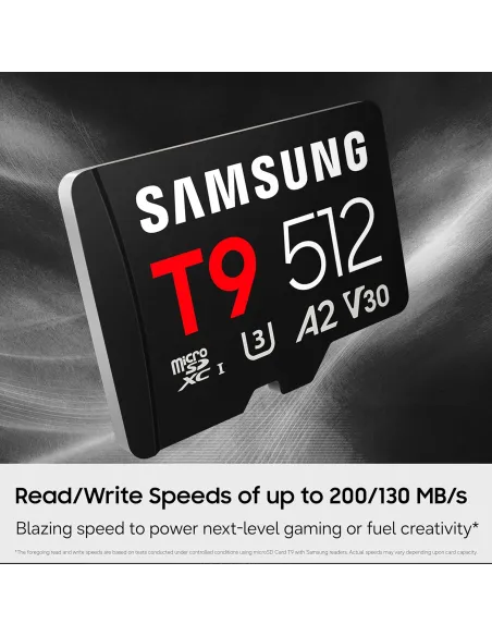 Samsung T9 microSDXC 256 GB U3 V30 A2 rápida para vídeo 4K