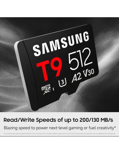 Samsung T9 microSDXC 512 GB U3 V30 A2 rápida para cámara 4K