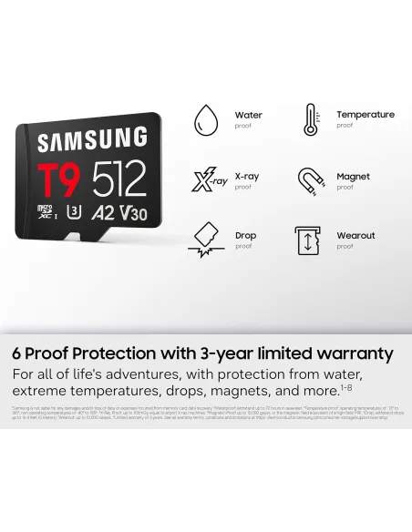 Samsung T9 microSDXC 256 GB U3 V30 A2 rápida para vídeo 4K