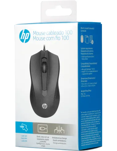 HP Wired 100 Ratón 1600 DPI Negro USB-A para oficina y aula