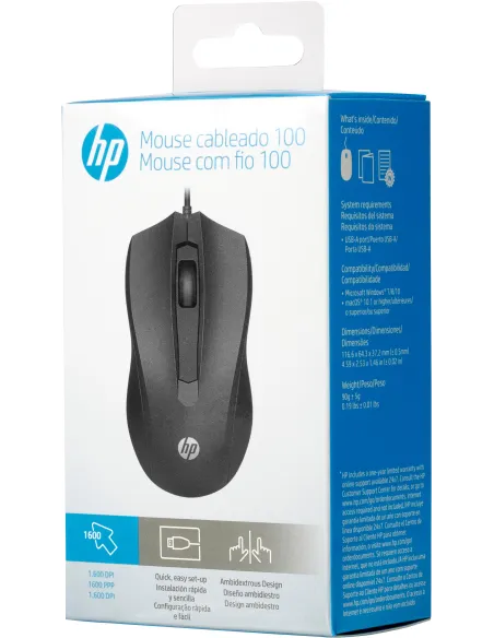 HP Wired 100 Ratón 1600 DPI Negro USB-A para oficina y aula