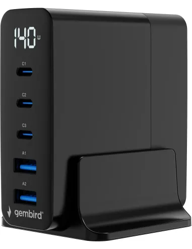 Cargador Gembird TA-UC-2A3C-PD140-01-BK 140W GaN 5 puertos AC carga rápida
