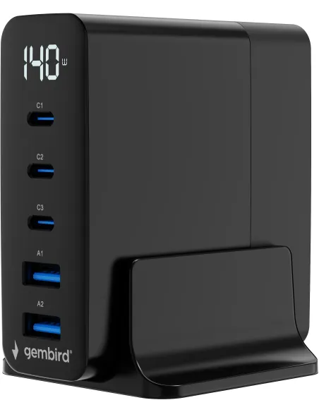 Cargador Gembird TA-UC-2A3C-PD140-01-BK 140W GaN 5 puertos AC carga rápida