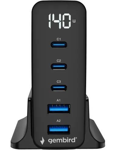 Cargador Gembird TA-UC-2A3C-PD140-01-BK 140W GaN 5 puertos