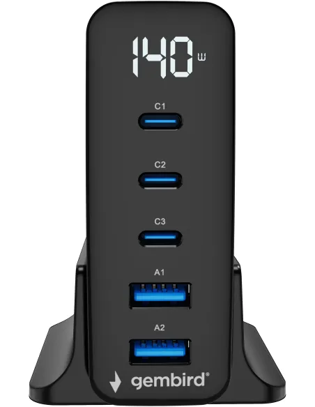 Cargador Gembird TA-UC-2A3C-PD140-01-BK 140W GaN 5 puertos