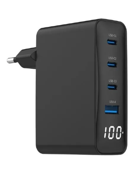 Gembird TA-UC-PDQC100LCD-01-BK Cargador Rápido USB GaN de 4 puertos y 100 W con Pantalla LCD Negro
