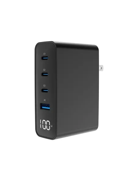 Gembird TA-UC-1A3CPD100-01BK Cargador rápido USB GaN de 4 puertos y 100 W, LCD, negro