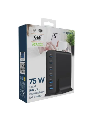 Cargador Gembird TA-UC-2A4C-PD75-01-BK 75W GaN 6 puertos