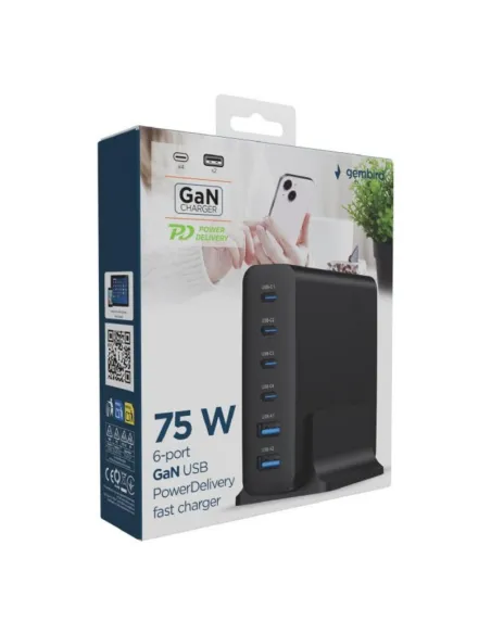 Cargador Gembird TA-UC-2A4C-PD75-01-BK 75W GaN 6 puertos