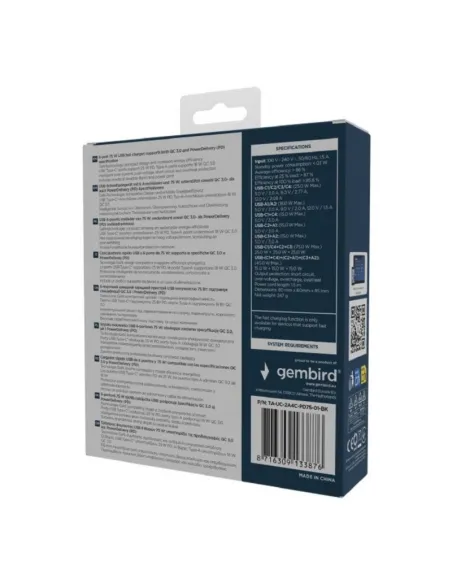Cargador Gembird TA-UC-2A4C-PD75-01-BK 75W GaN 6 puertos