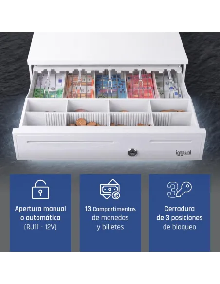 cajón portamonedas iggual IRON-50PW blanco para TPV RJ11