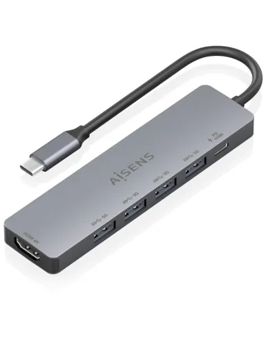 AISENS ASUC-6P047-GR Dock 6 en 1, USB-C a 1xHDMI, 4xUSB-A, 1xUSB-C PD 100W, Gris, 15cm