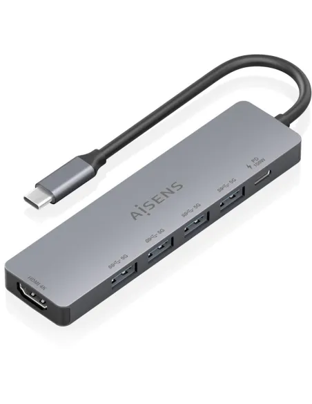 AISENS ASUC-6P047-GR Dock 6 en 1, USB-C a 1xHDMI, 4xUSB-A, 1xUSB-C PD 100W, Gris, 15cm